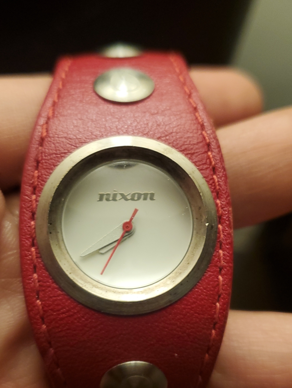 Vintage Early 2000s Nixon "The Naughty" Red Leather Cuff Watch..Need Battery Rep